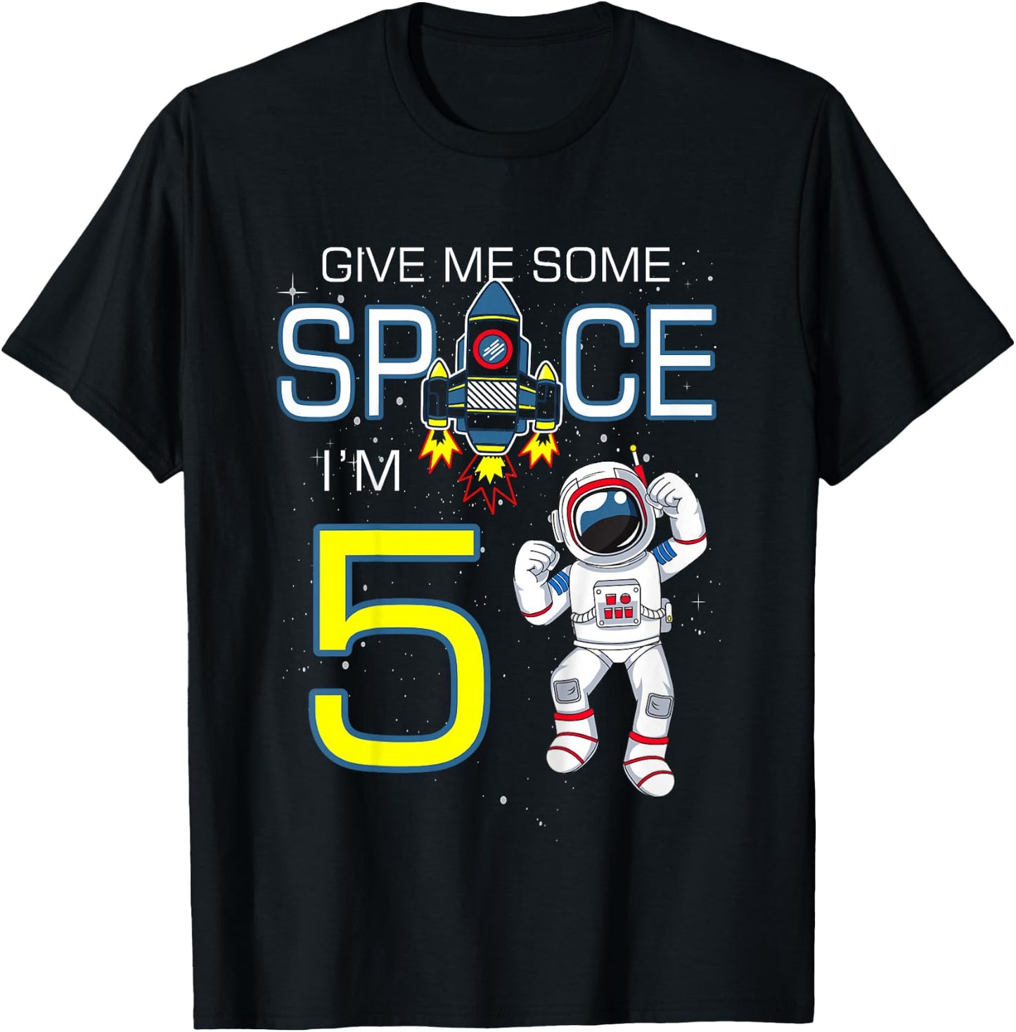 Outer Space 5 Year Old 5th Birthday Space Ship Planet Party T-Shirt - T-Shirt | Black