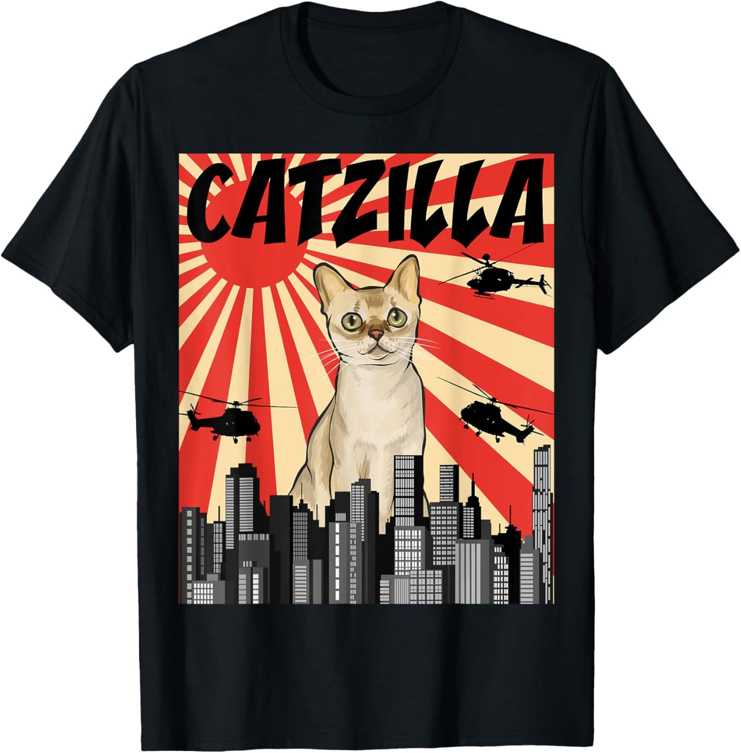 Funny Retro Japanese Catzilla Singapura Cat Men Women T-Shirt - T-Shirt | Black