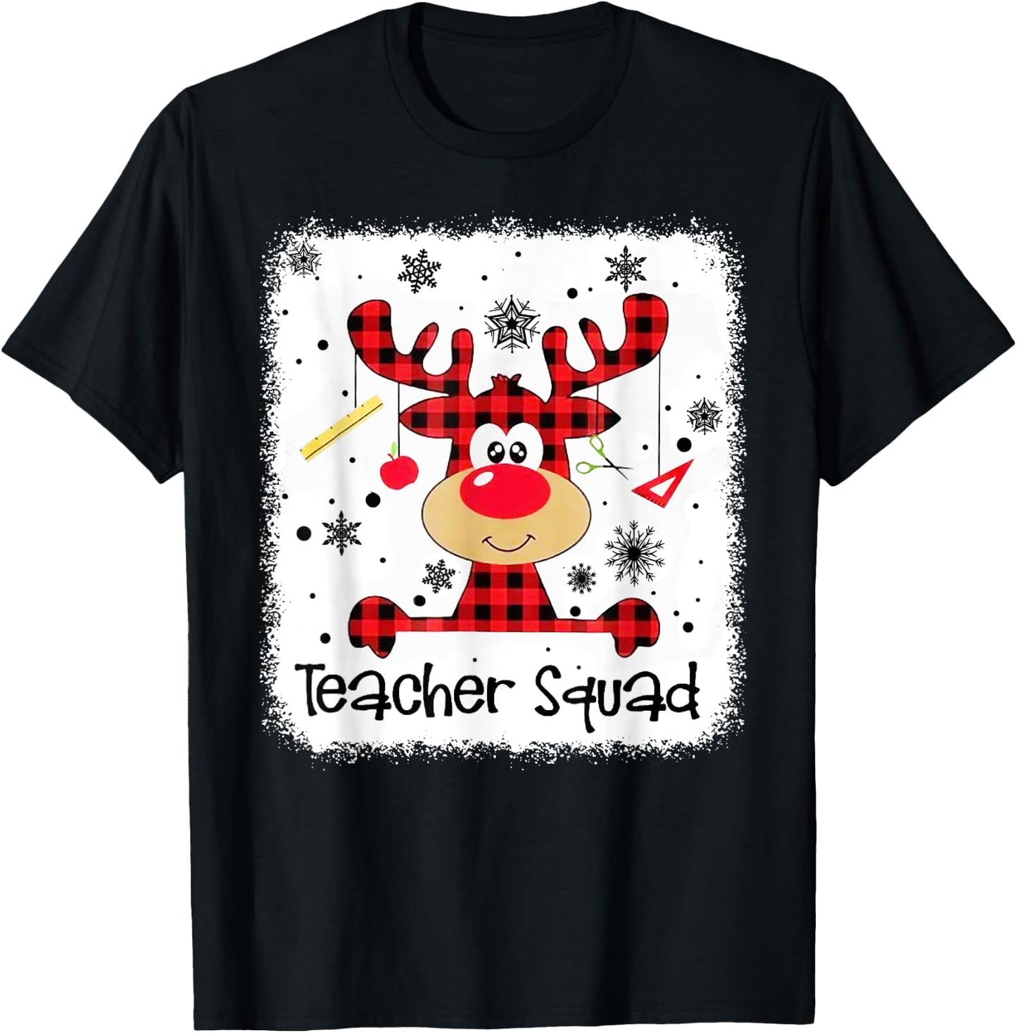 Teacher Squad Cute Red Plaid Reindeer Snow Lover Christmas T-Shirt - T-Shirt | Black