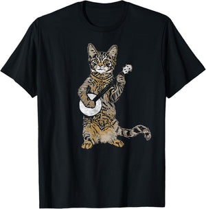 Banjo Cat - Funny Retro Style Bluegrass & Tabby Cat Lover T-Shirt - T-Shirt | Black