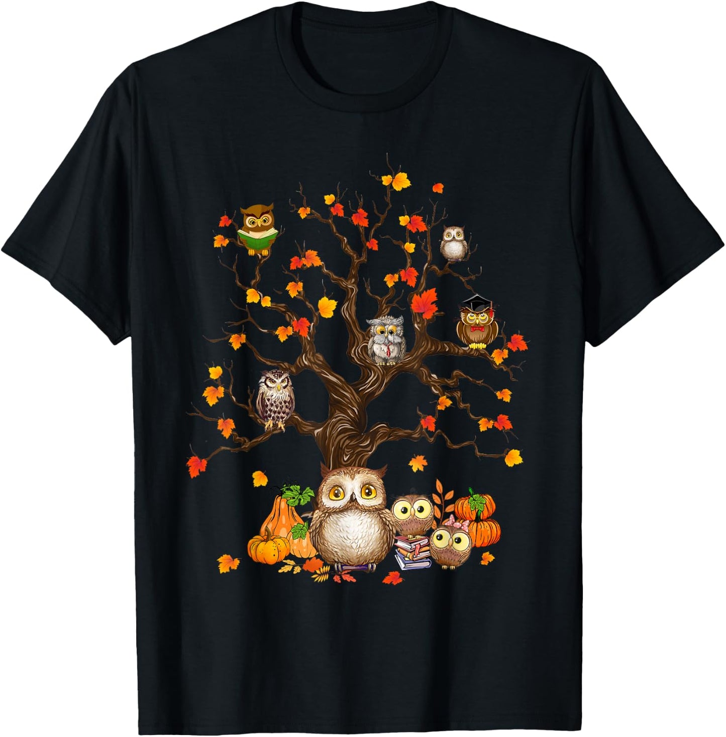 Owls Leaves Tree Fall Autumn Pumpkin Halloween Owl Lover Kid T-Shirt - T-Shirt | Black