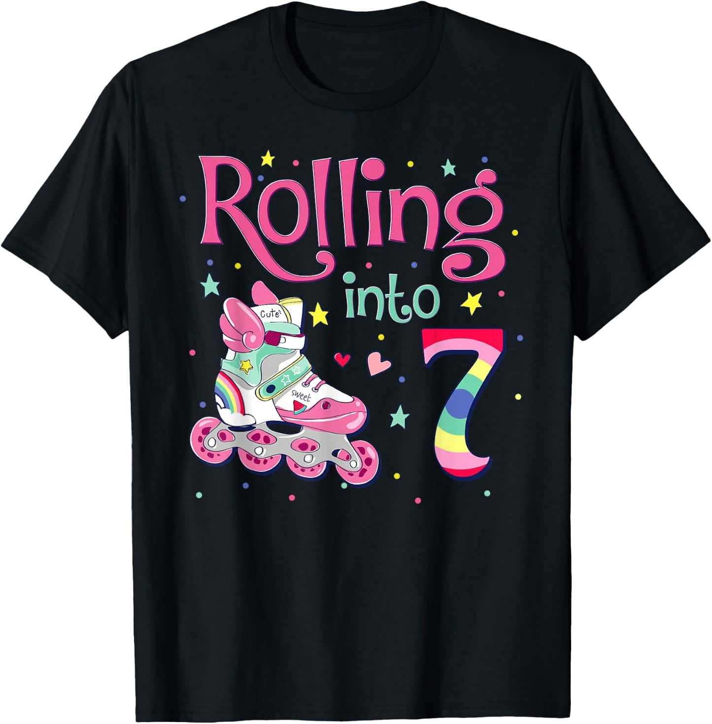 7th Bday Rolling Into 7 Birthday Girl Roller Skate Party T-Shirt - T-Shirt | Black