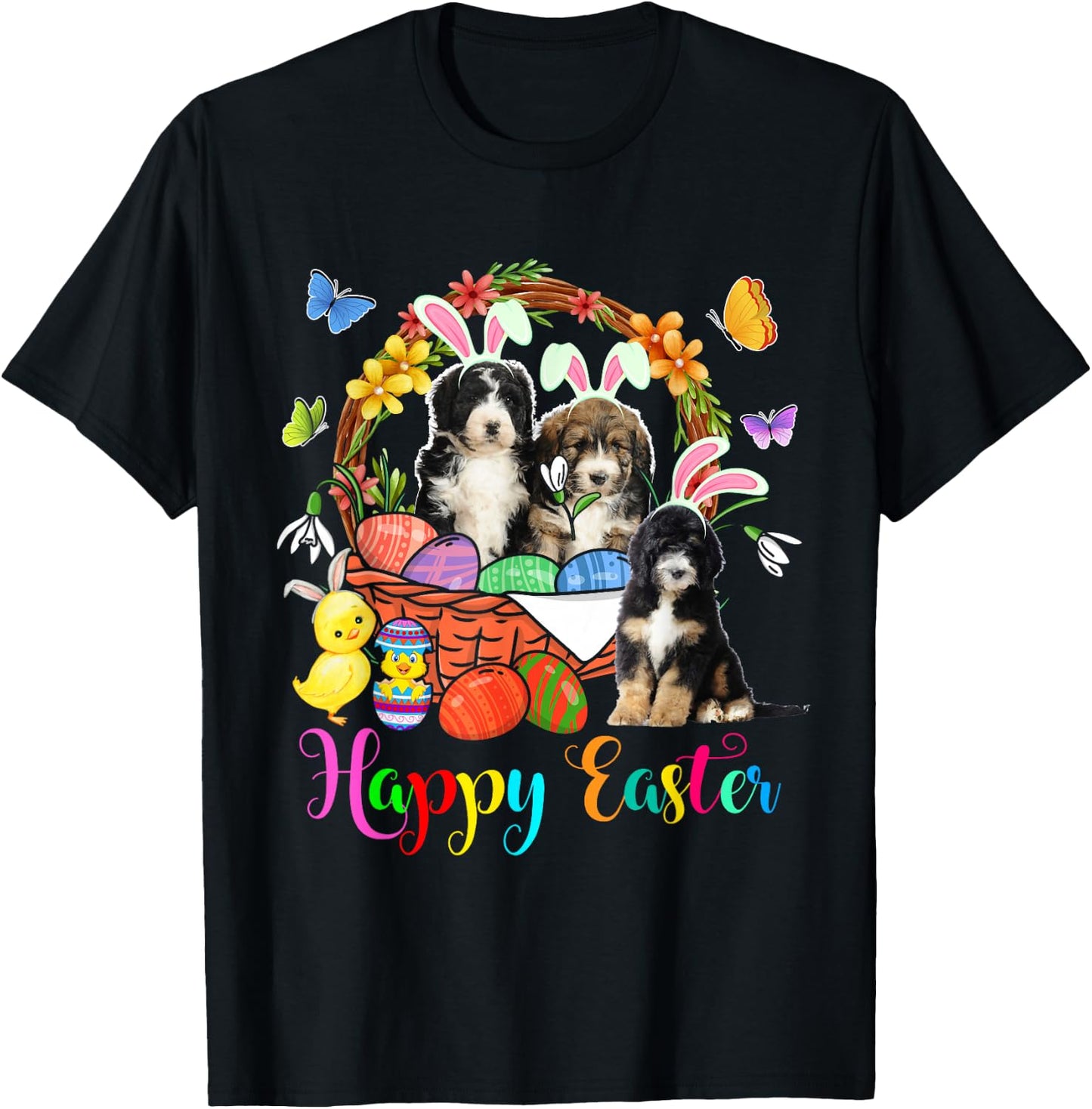 Three Bunny Bernedoodle Dogs In Easter Eggs Basket T-Shirt - T-Shirt | Black