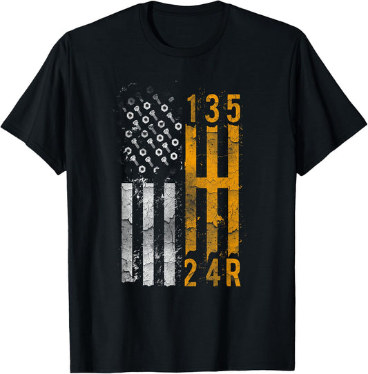 Stick Shift American Flag Muscle Car Mechanic Auto Shop T-Shirt - T-Shirt | Black