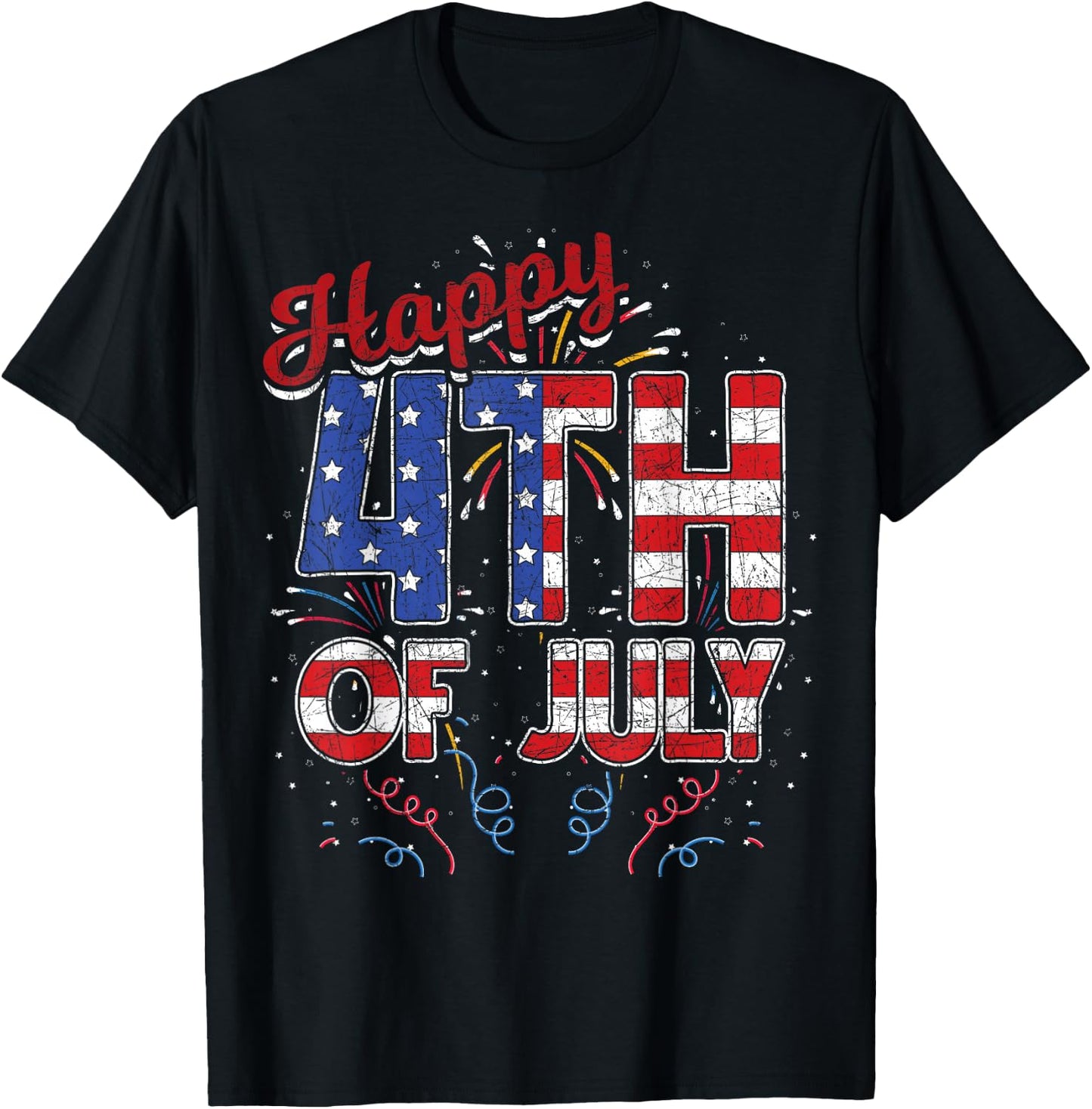 Fireworks Happy 4th of July US Flag American 4th of July T-Shirt - T-Shirt | Black
