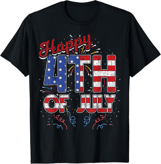 Fireworks Happy 4th of July US Flag American 4th of July T-Shirt - T-Shirt | Black