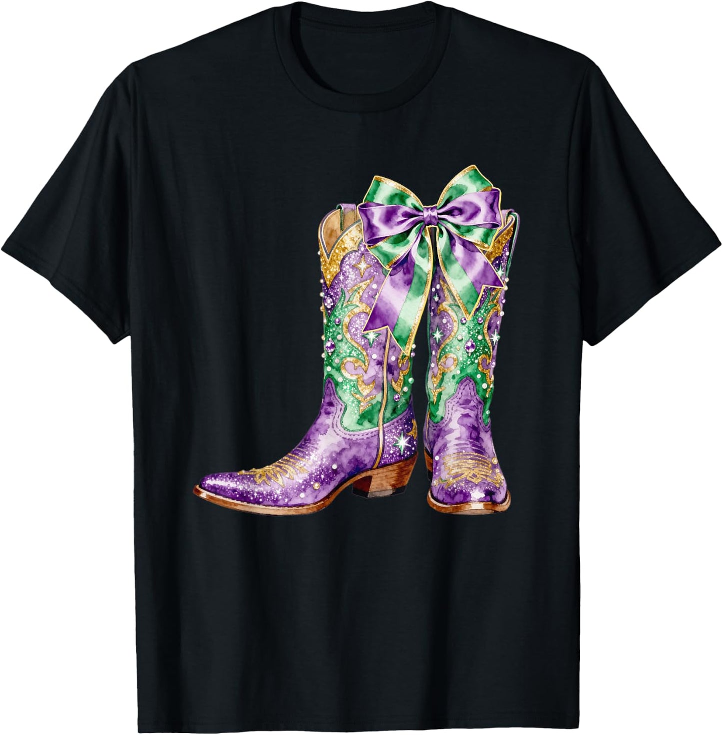 Mardi Gras Western Cowgirl Boots Coquette Bow Women Girls T-Shirt - T-Shirt | Black