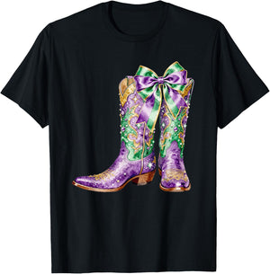 Mardi Gras Western Cowgirl Boots Coquette Bow Women Girls T-Shirt - T-Shirt | Black