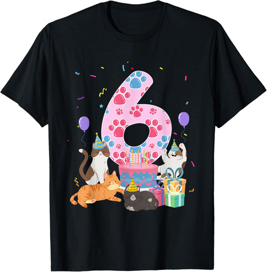 6th Birthday Cat 6 Year Old Birthday Cat Lover Party T-Shirt - T-Shirt | Black