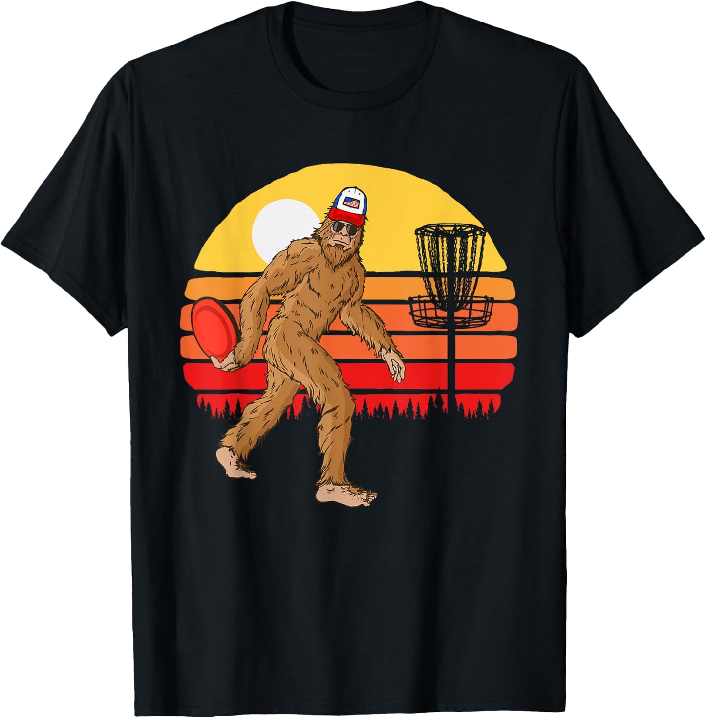 Retro Disc Golf Bigfoot Vintage Discus Sasquatch 80s Sunset T-Shirt - T-Shirt | Black