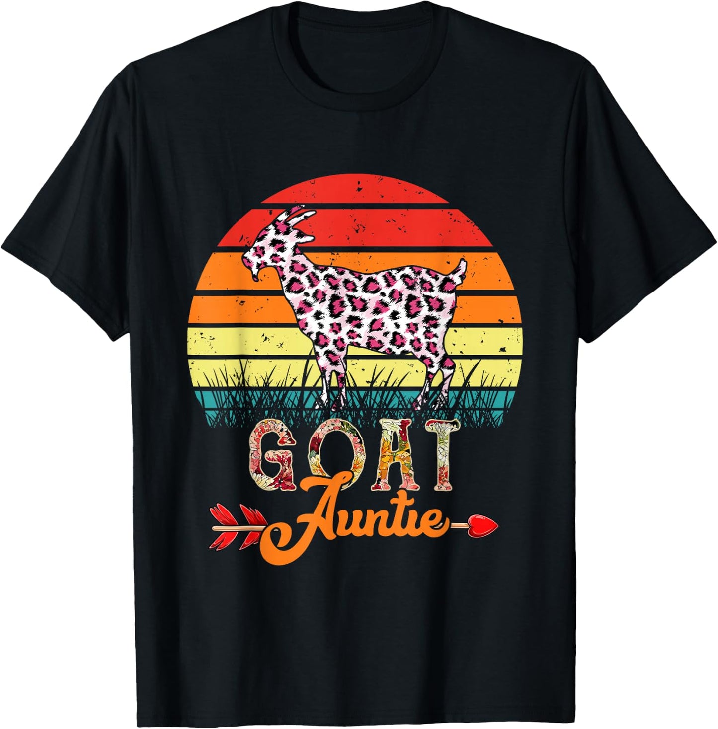 Vintage Retro Goat Auntie Flowers Leopard Goat Mother's Day T-Shirt - T-Shirt | Black