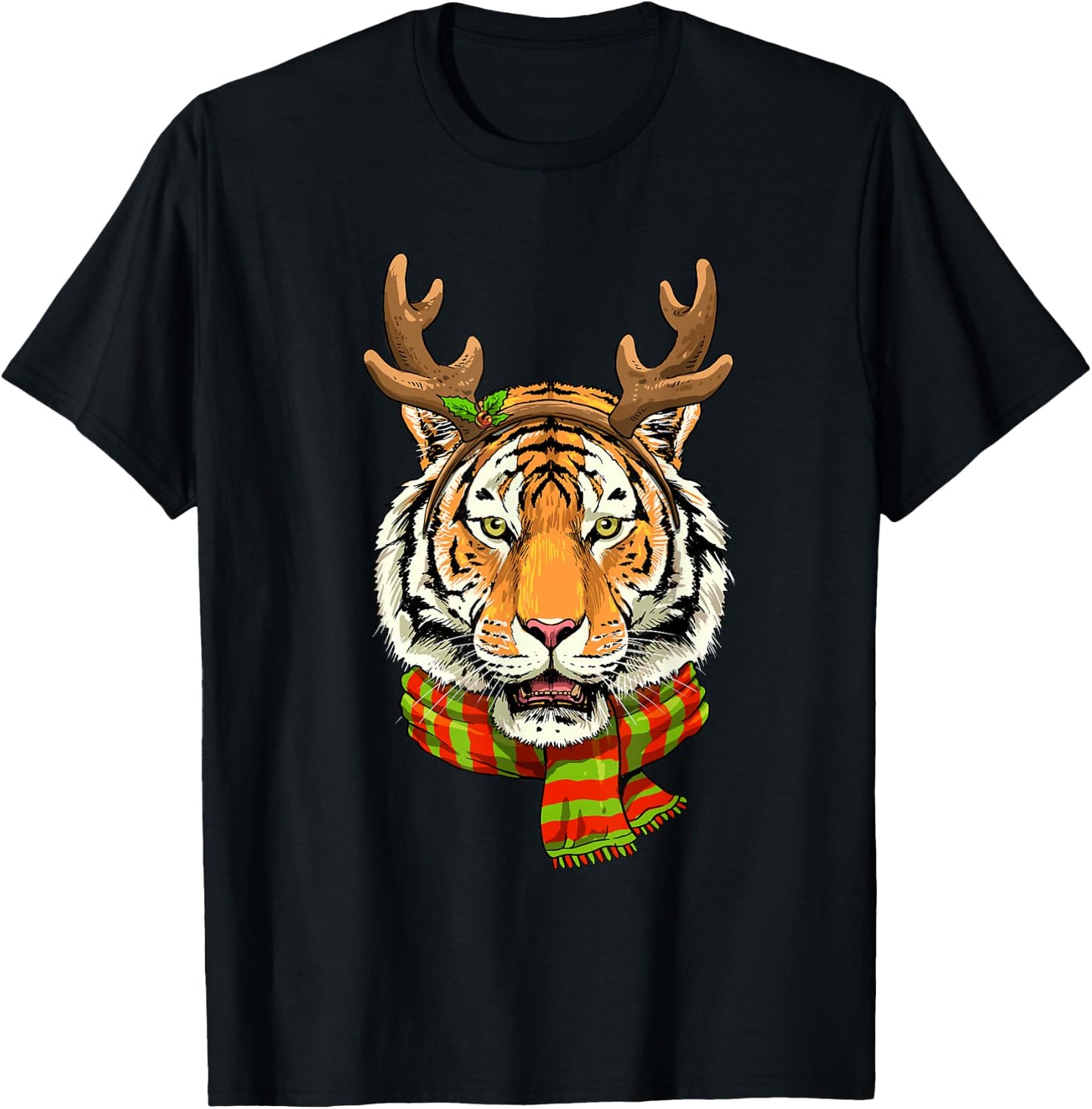 Tiger Reindeer Christmas Shirt Animal With Antlers Xmas T-Shirt - T-Shirt | Black