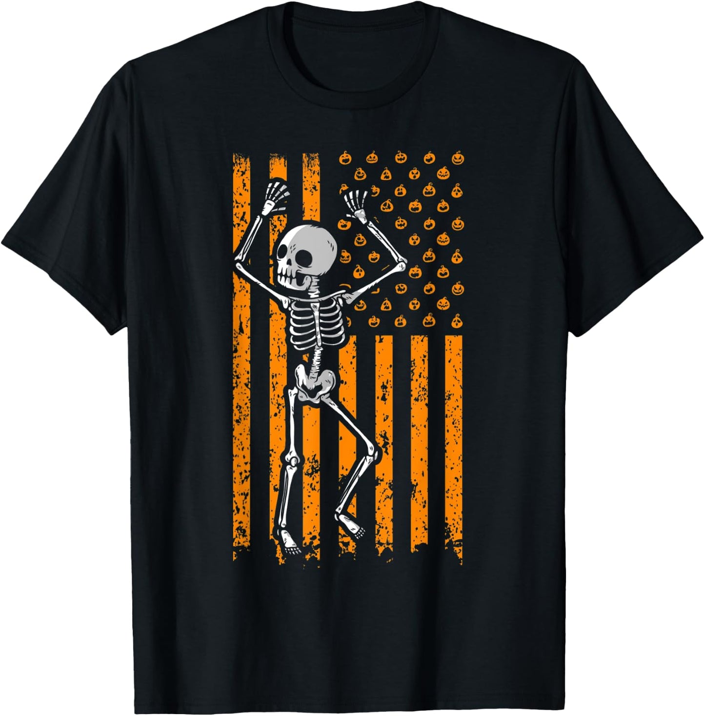 Scary Skeleton Skull Pumpkin American Flag Halloween Kids Men T-Shirt - T-Shirt | Black