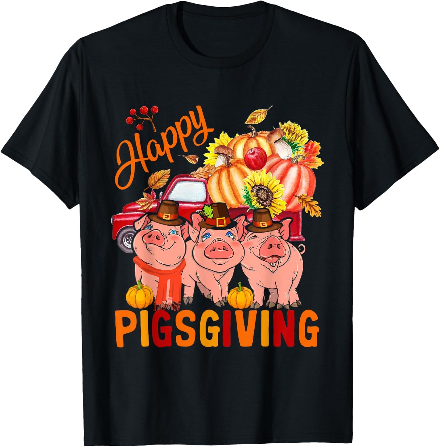 Happy Pigsgiving Three Pigs Pickup Truck Carrying Pumpkins T-Shirt - T-Shirt | Black
