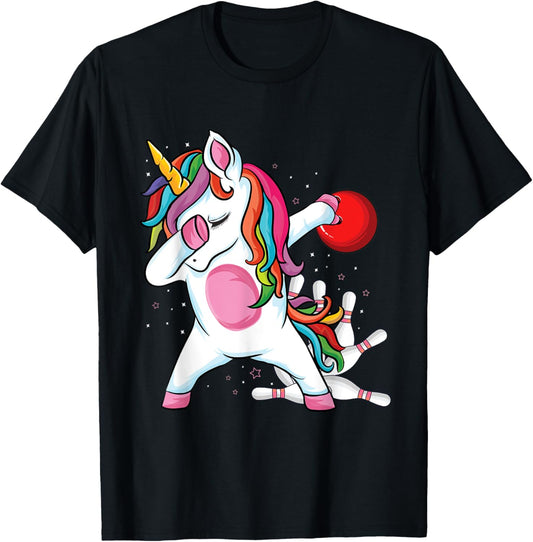 Magical Dabbing Unicorn Bowling Ball Pins Bowling Birthday T-Shirt - T-Shirt | Black