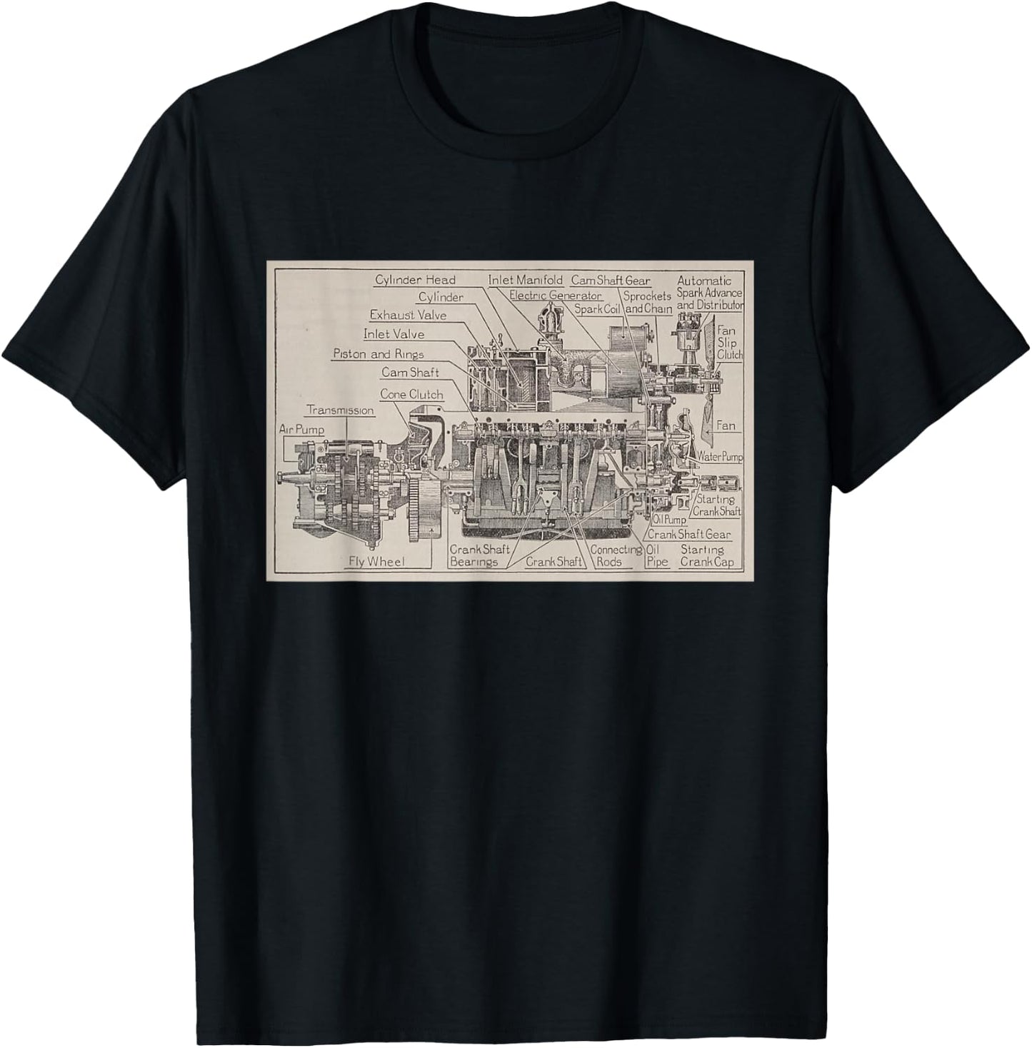 Early Automobile Engine & Transmission Diagram T-Shirt - T-Shirt | Black