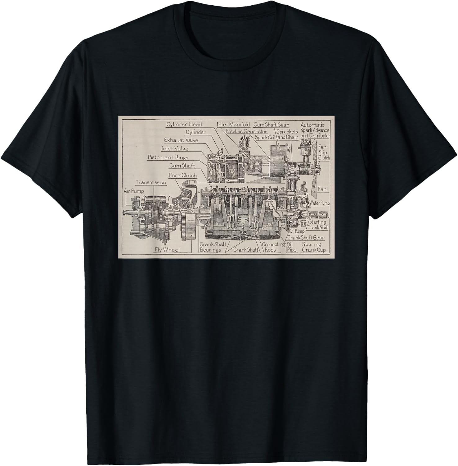 Early Automobile Engine & Transmission Diagram T-Shirt - T-Shirt | Black