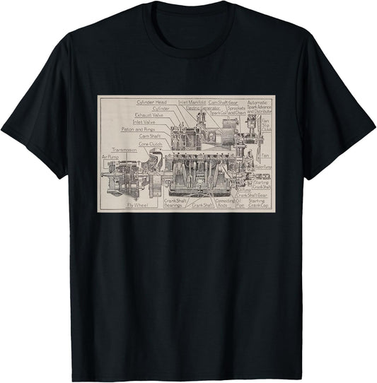 Early Automobile Engine & Transmission Diagram T-Shirt - T-Shirt | Black
