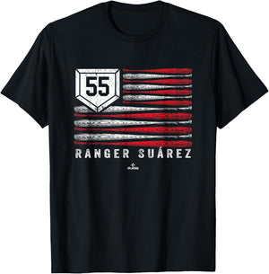 Vintage US Flag Baseball Stripes Ranger Suarez MLBPA T-Shirt - T-Shirt | Black
