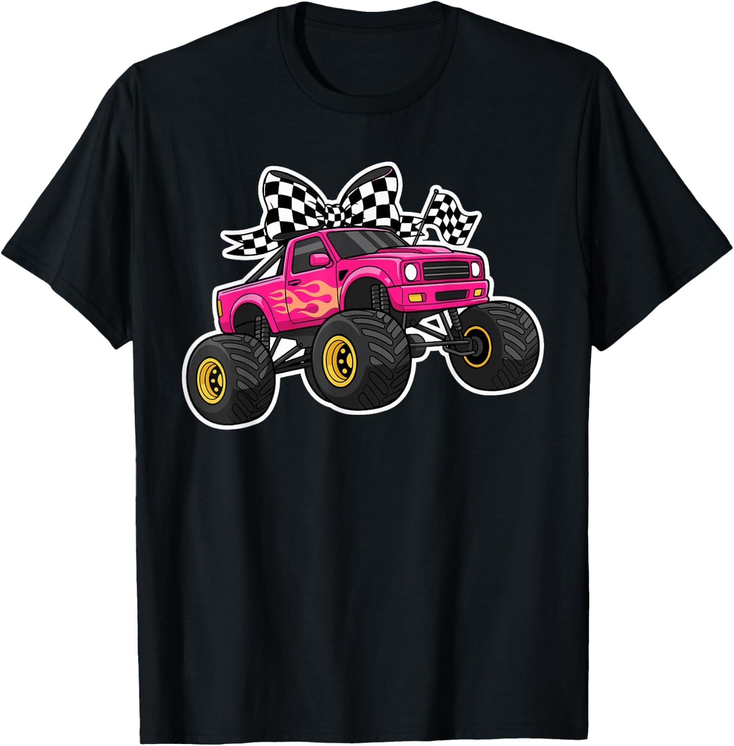 Pink Monster Truck Bow Shirt Women, Cute Girls Truck Lover T-Shirt - T-Shirt | Black