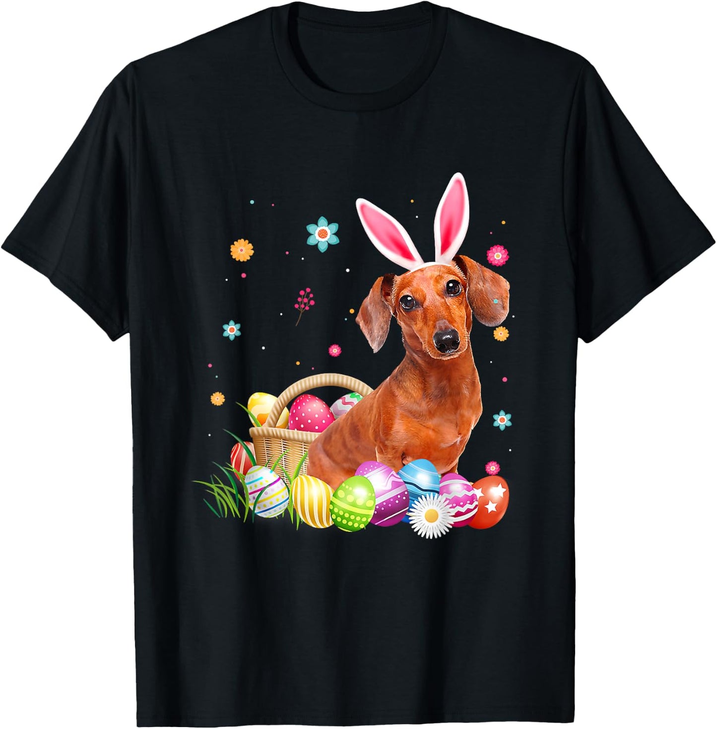 Happy Easter Cute Bunny Dachshund Wearing Bunny Ears Gift T-Shirt - T-Shirt | Black