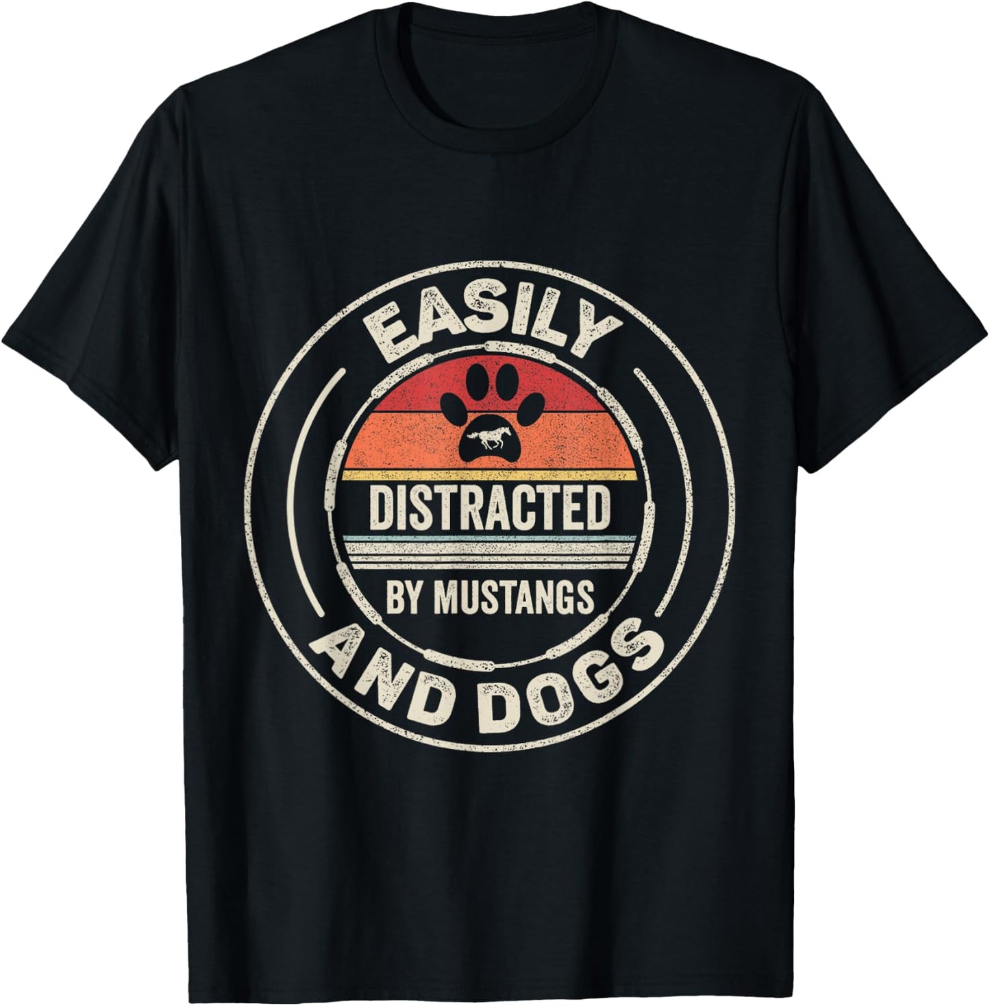 Catch Some Rays Retro Vintage Easily Distracted By Mustangs And Dogs Adult Black Short Sleeve Classic Fit Collarless T-Shirt - T-Shirt | Black