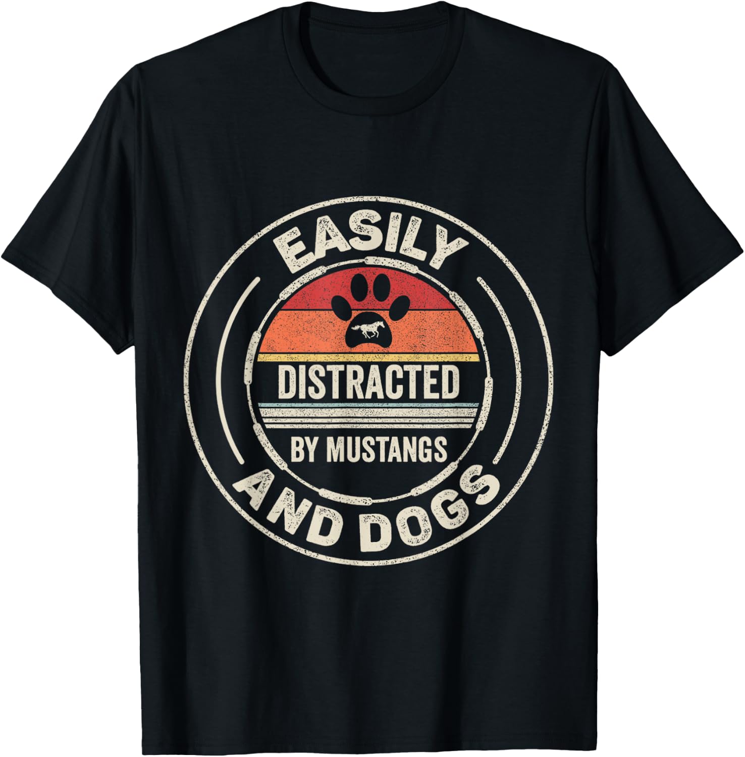 Catch Some Rays Retro Vintage Easily Distracted By Mustangs And Dogs Adult Black Short Sleeve Classic Fit Collarless T-Shirt - T-Shirt | Black