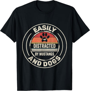Catch Some Rays Retro Vintage Easily Distracted By Mustangs And Dogs Adult Black Short Sleeve Classic Fit Collarless T-Shirt - T-Shirt | Black