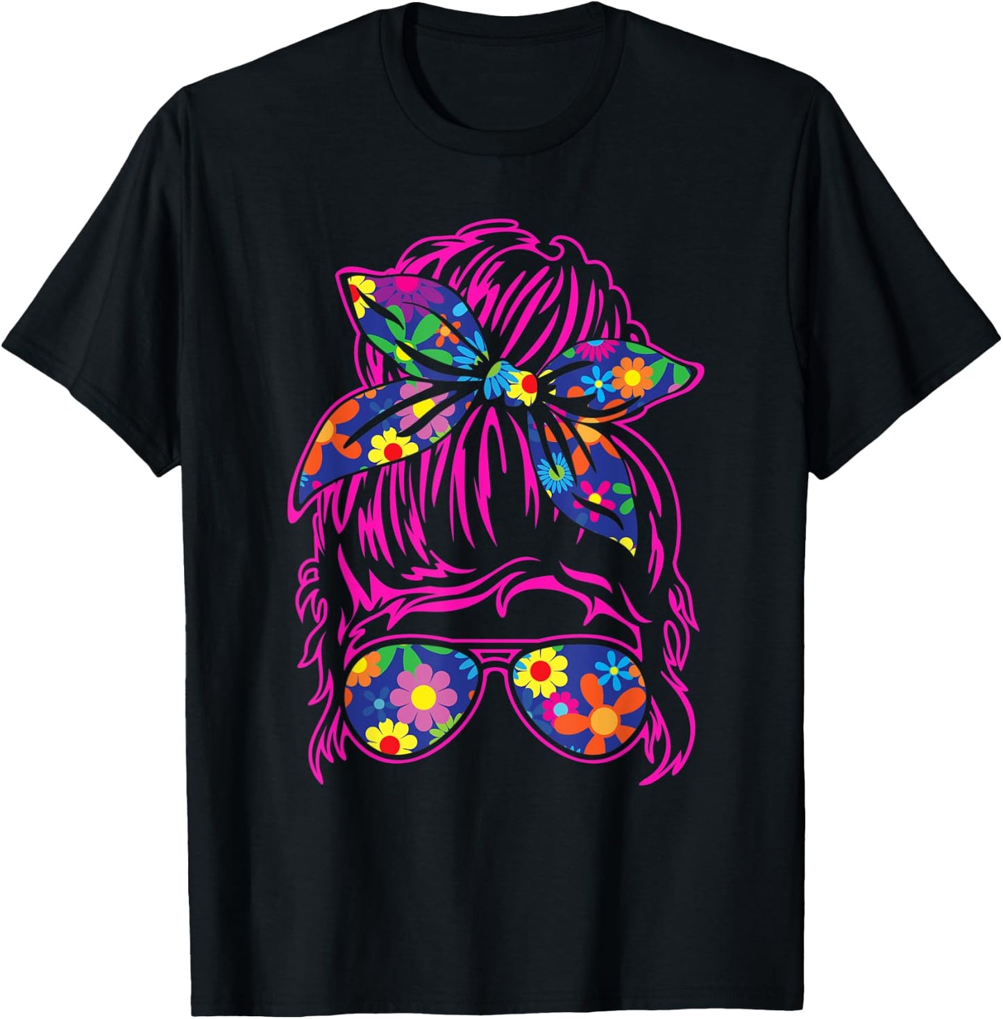 Messy Hair Bun with Bandana Ribbon and Sunglasses Design T-Shirt - T-Shirt | Black