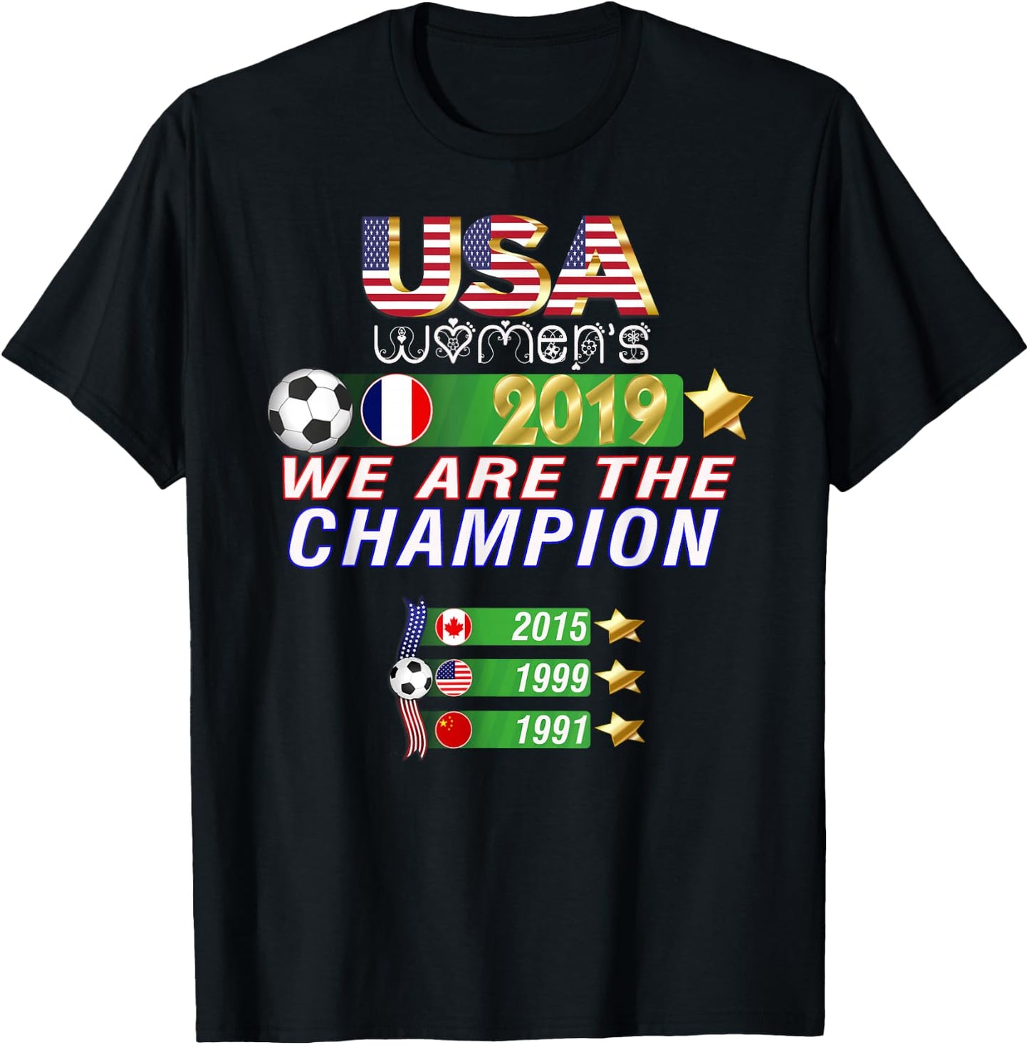 USA Women Soccer, World Champion 2019, 4 stars T-Shirt - T-Shirt | Black