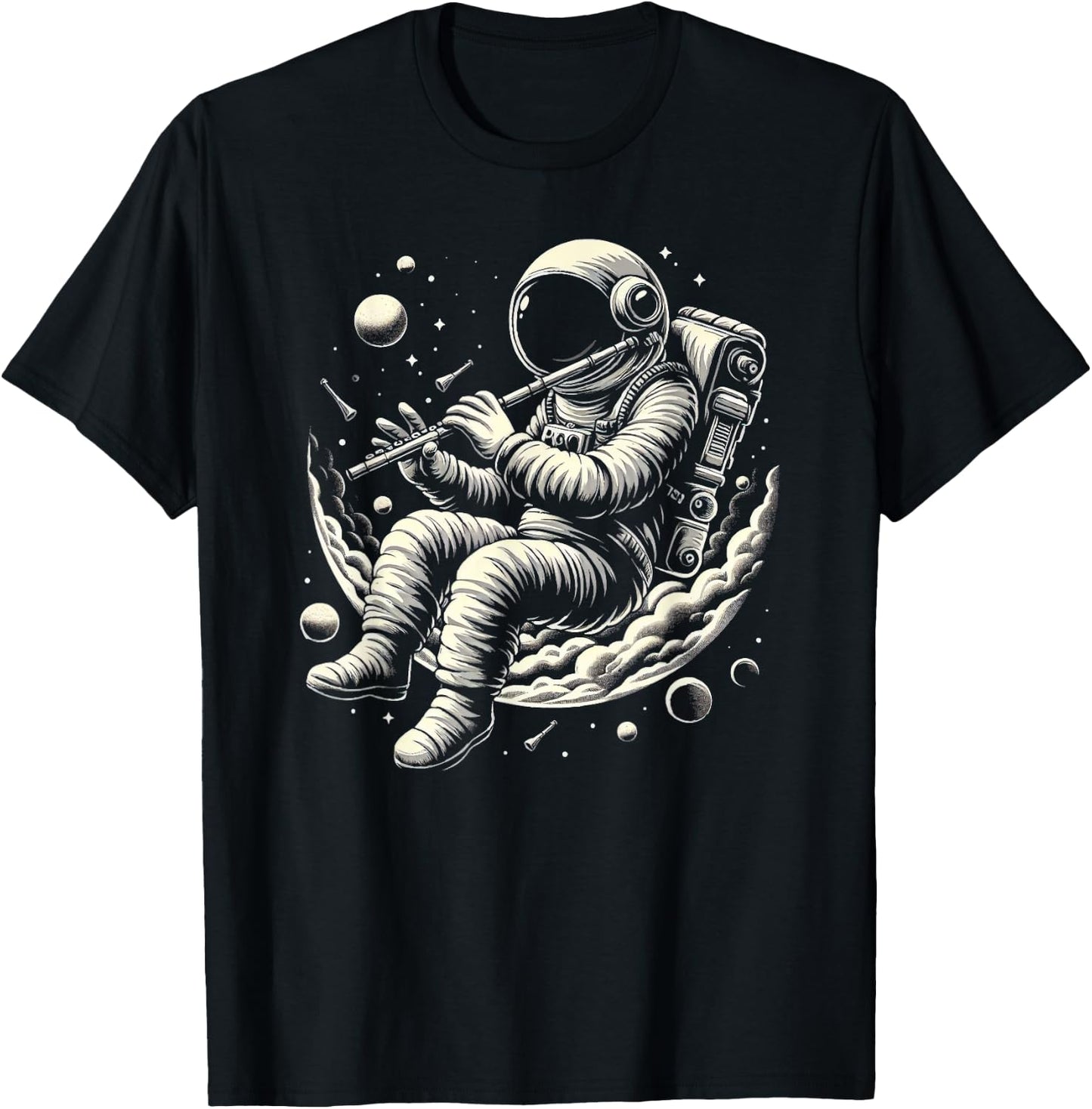 Astronaut Playing Flute Musician Music Lover Flute Player T-Shirt - T-Shirt | Black