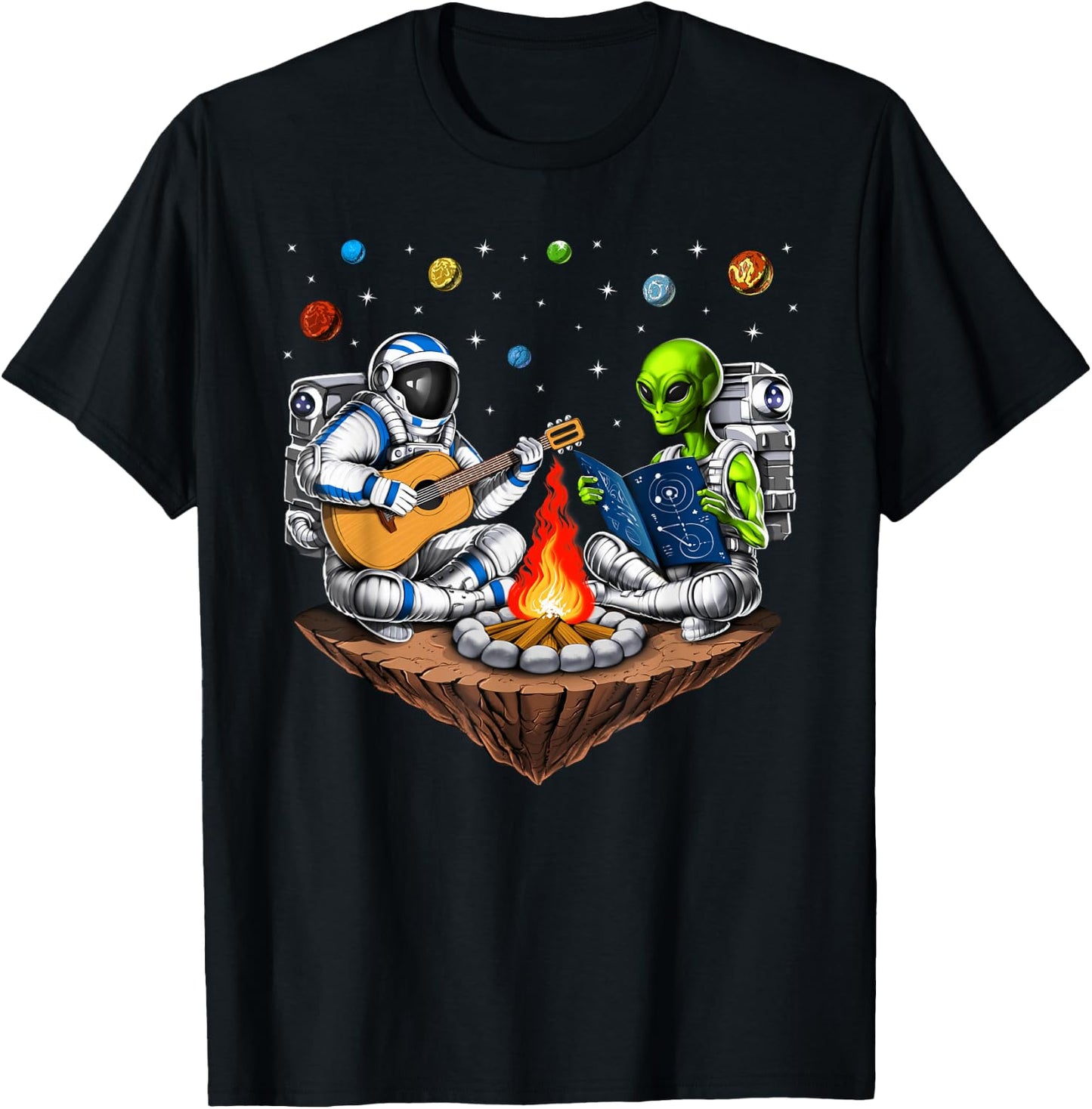 Space Alien Astronaut Camping Campfire Extraterrestrial T-Shirt - T-Shirt | Black