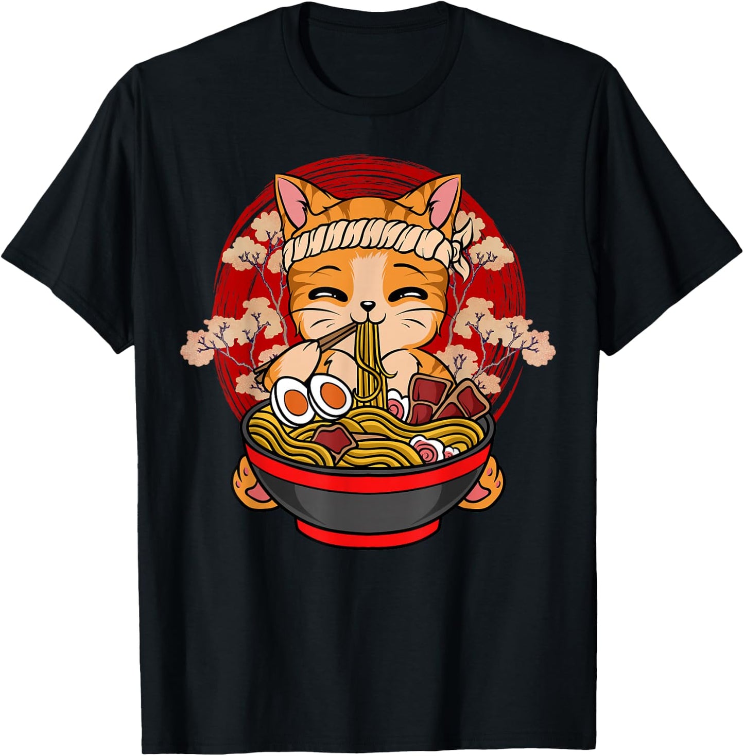 Kawaii Anime Cat Eating Ramen Japanese Noodles Funny Anime T-Shirt - T-Shirt | Black