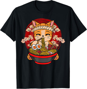 Kawaii Anime Cat Eating Ramen Japanese Noodles Funny Anime T-Shirt - T-Shirt | Black
