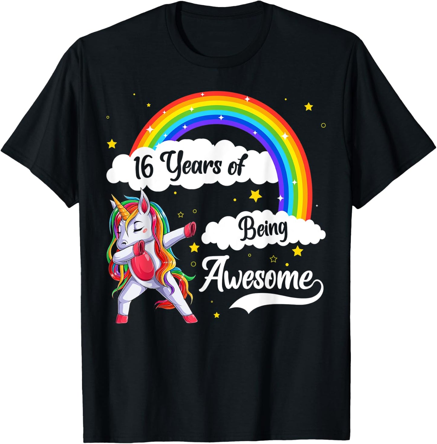 16 Years Of Being Awesome Dabbing Unicorn & Rainbow Birthday T-Shirt - T-Shirt | Black