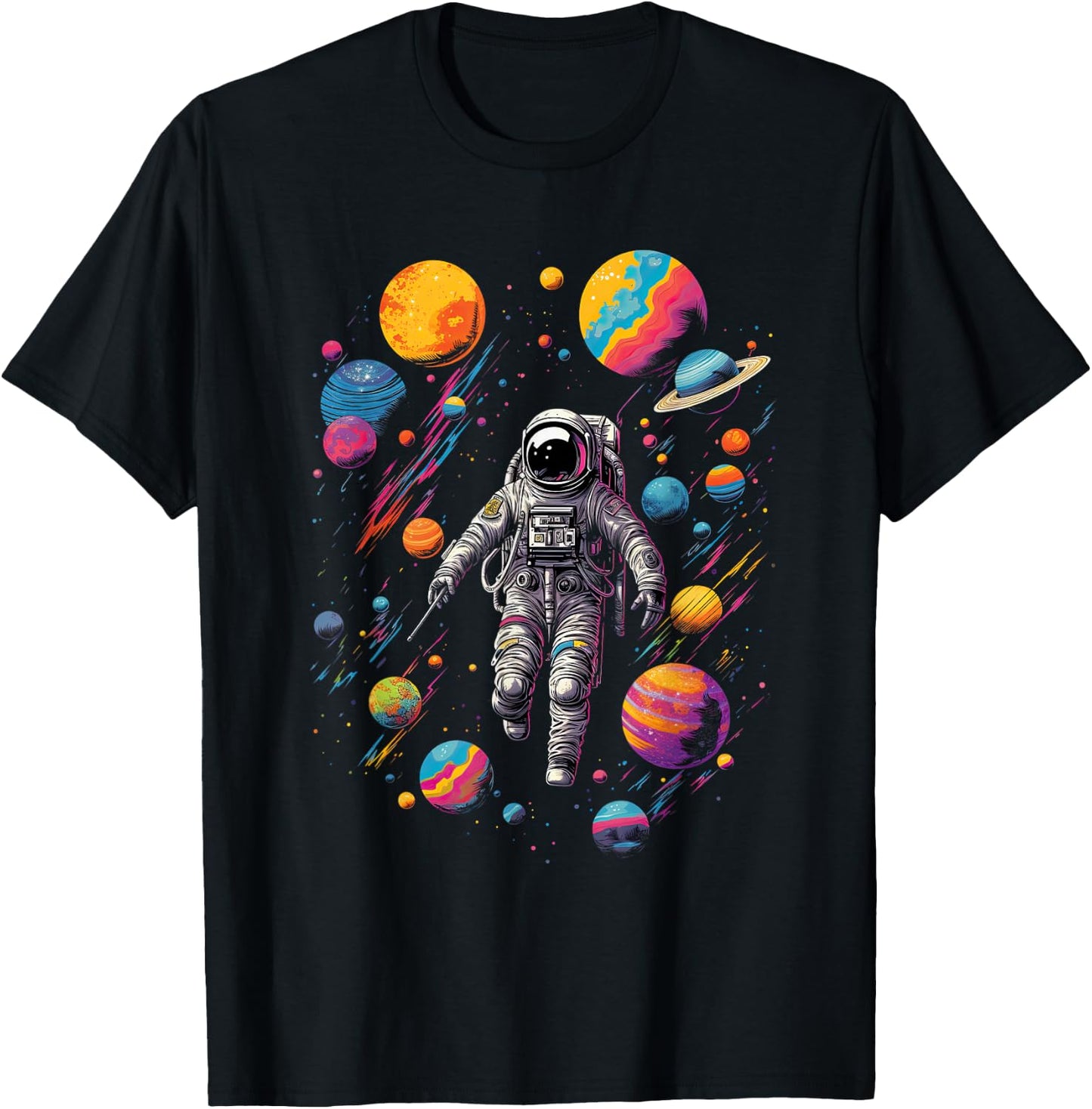 Astronaut in Space with Planets in Galaxies T-Shirt - T-Shirt | Black