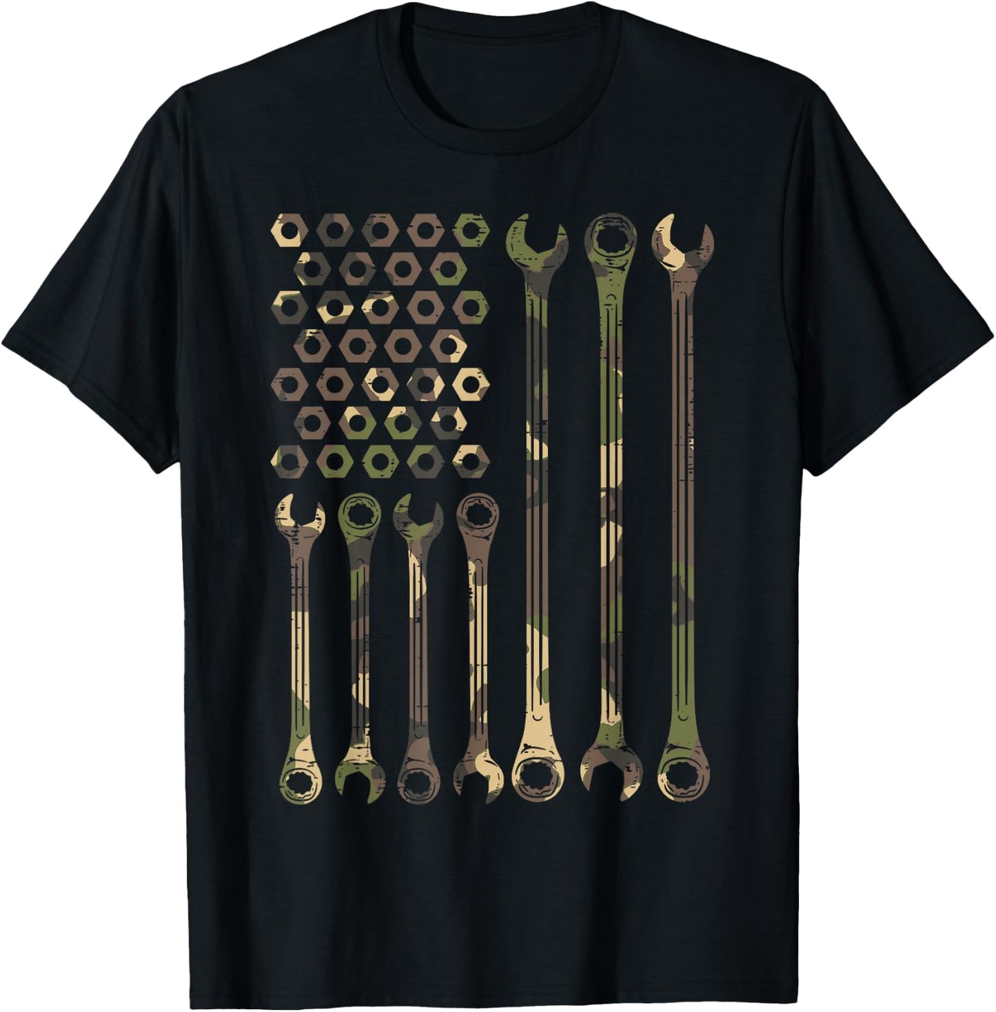 Camo Flag Wrench Vintage Fathers Day Patriotic Mechanic Men T-Shirt - T-Shirt | Black