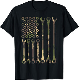 Camo Flag Wrench Vintage Fathers Day Patriotic Mechanic Men T-Shirt - T-Shirt | Black