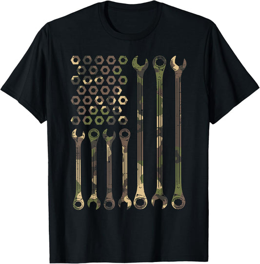 Camo Flag Wrench Vintage Fathers Day Patriotic Mechanic Men T-Shirt - T-Shirt | Black