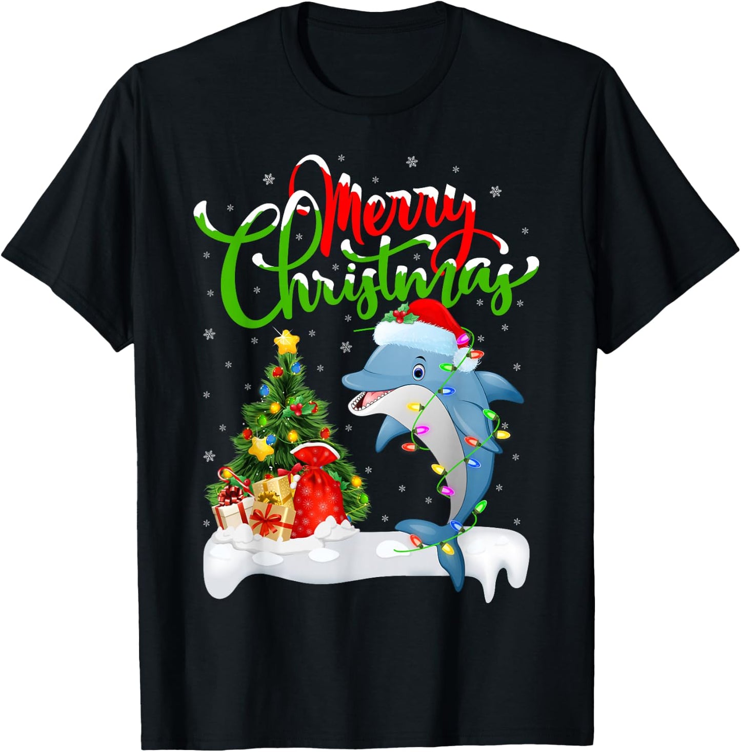 Funny Dolphin Fish Lover Xmas Lighting Dolphin Christmas T-Shirt - T-Shirt | Black