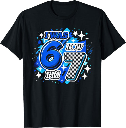 Blue Checkered I was 6 Now I'm 7 Funny 67 Birthday Boy T-Shirt - T-Shirt | Black