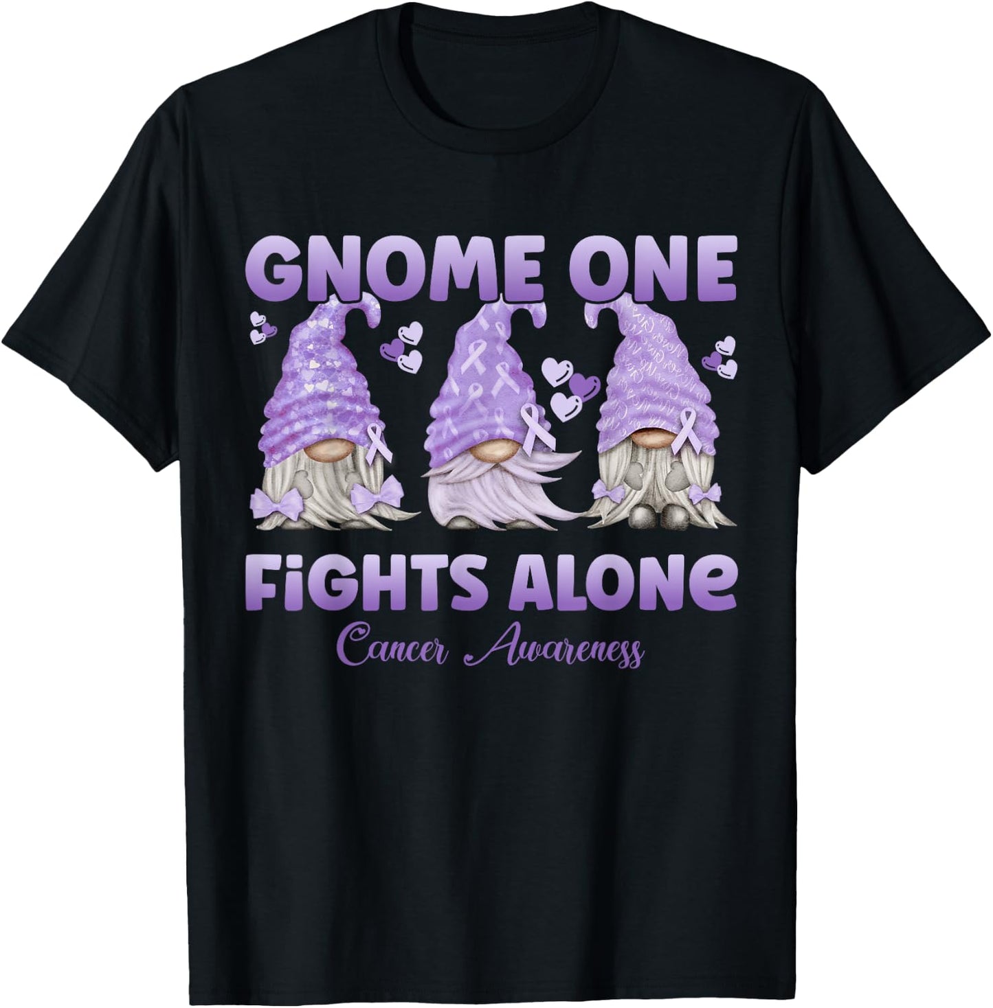 Gnome One Fights Alone Lavender | Fight The Cancer T-Shirt - T-Shirt | Black