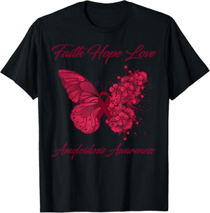 Butterfly Faith Hope Love Amyloidosis Awareness T-Shirt - T-Shirt | Black