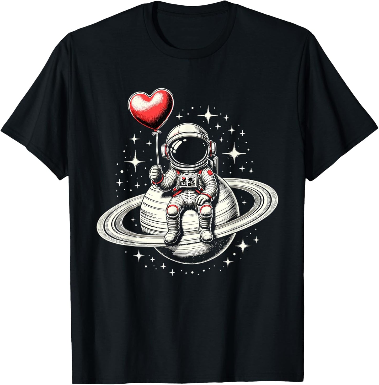 Space Astronaut Saturn Heart Balloon Valentine's Day T-Shirt - T-Shirt | Black