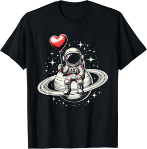 Space Astronaut Saturn Heart Balloon Valentine's Day T-Shirt - T-Shirt | Black