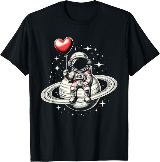 Space Astronaut Saturn Heart Balloon Valentine's Day T-Shirt - T-Shirt | Black