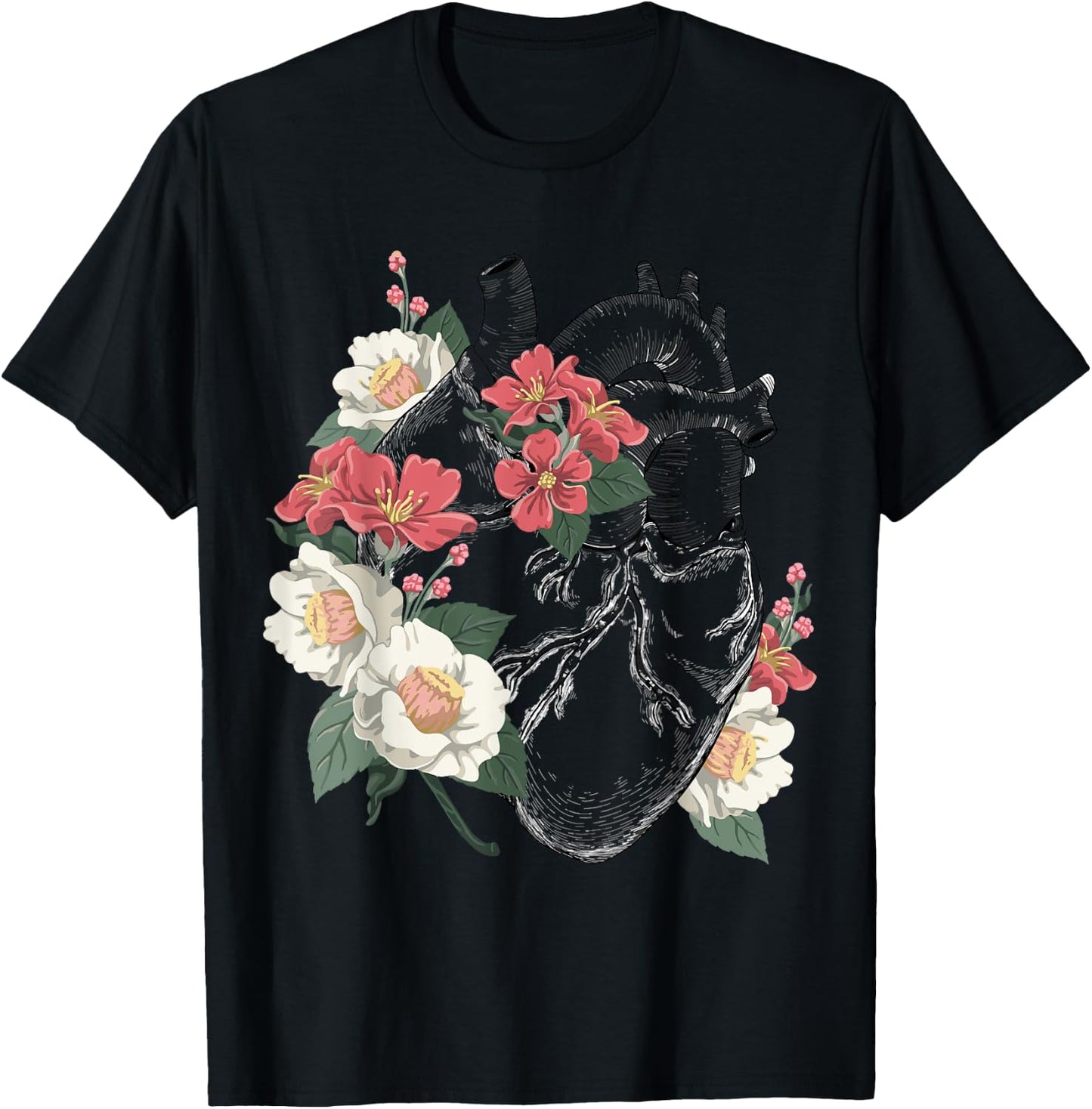 Anatomical Heart and Flowers Anatomy Heart Cute Cardiologist T-Shirt - T-Shirt | Black