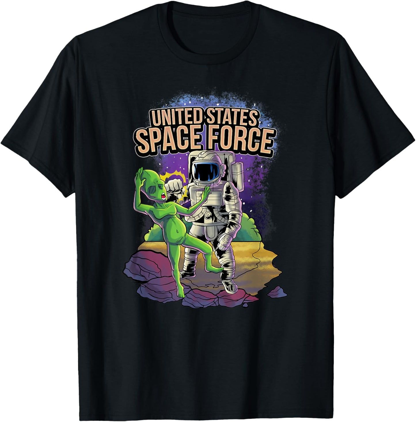 Funny Alien Punched By United States Space Force Astronauts T-Shirt - T-Shirt | Black