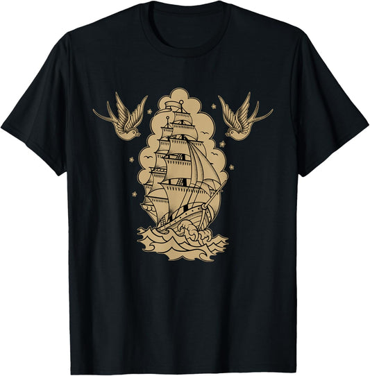 Old School Sailor Tattoo Clipper Ship and Swallows T-Shirt - T-Shirt | Black