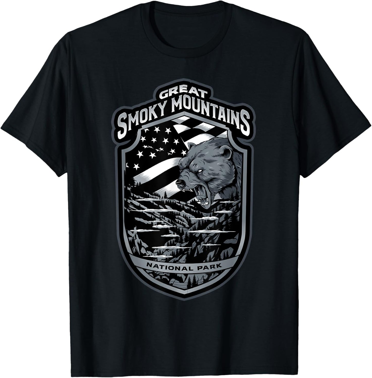 Great Smoky Mountains Vacation Souvenirs Gifts Bear USA Flag T-Shirt - T-Shirt | Black